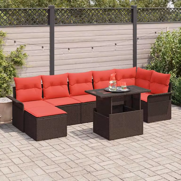 Set Divano da Giardino vidaXL 8 pz L-Shape Marrone e Rosso con Cuscini e Tavolino in Acciaio Verniciato a Polvere