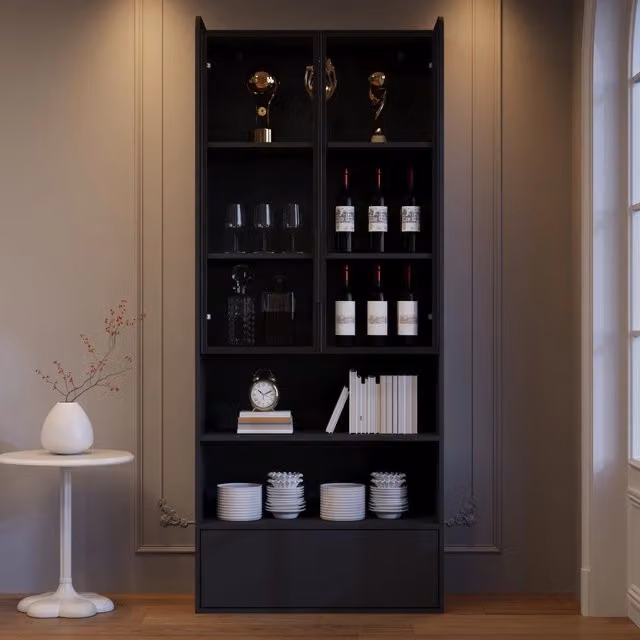 Vetrina alta con LED e 1 cassetto, ante in vetro e 6 livelli, per soggiorno, MDF nero lucido, 80 × 34 × 180 cm