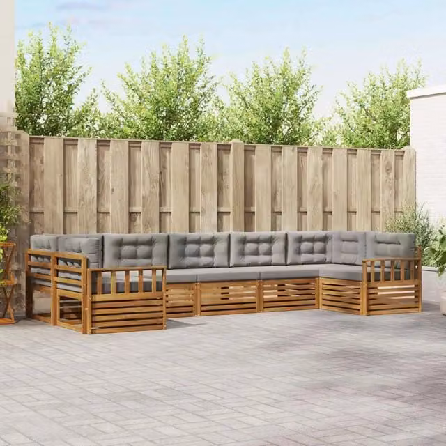 Set di divani da esterno a L vidaXL in legno di acacia con cuscini grigi – 1