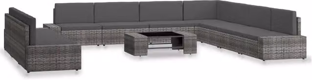 Set da giardino moderno vidaXL con divano a 3 posti, elemento angolare e tavolino da caffè, in rattan grigio antracite con cuscini inclusi e struttura in metallo