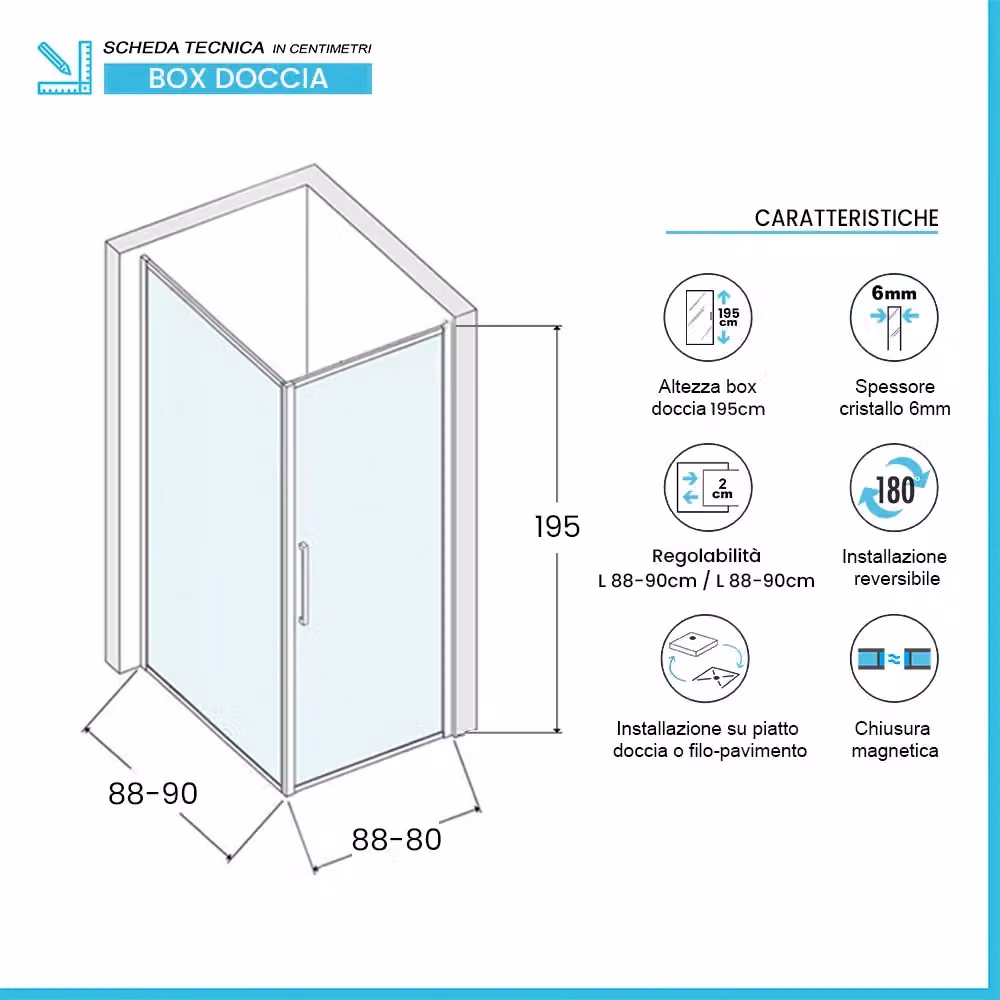 Box doccia angolare Neos in vetro temperato trasparente con profili cromo, L/P/H: 90 x 90 x 195 cm – 2