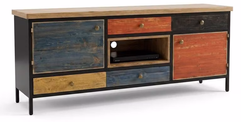 Mobile TV in legno e metallo, design industriale, colori vivaci, stile rustico, credenza, armadio, vintage