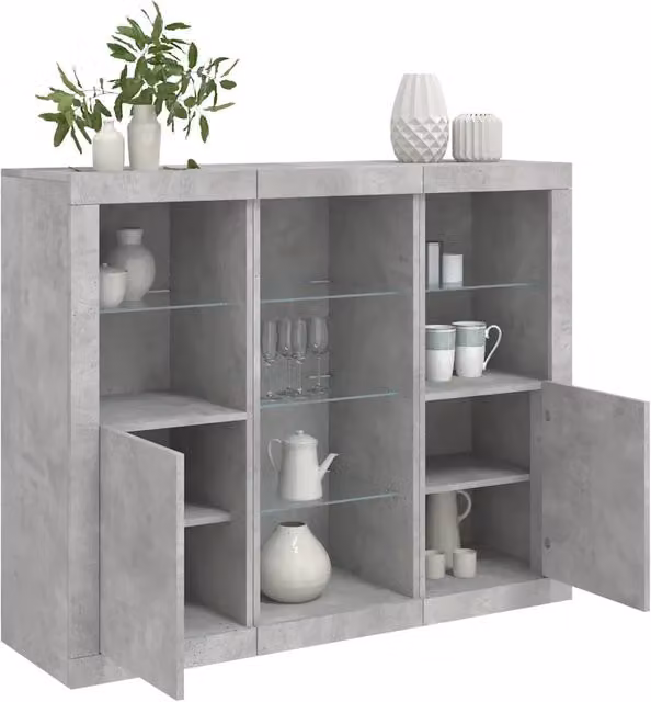 Set di 3 credenze moderne vidaXL in legno multistrato con luci LED integrate, colore grigio cemento