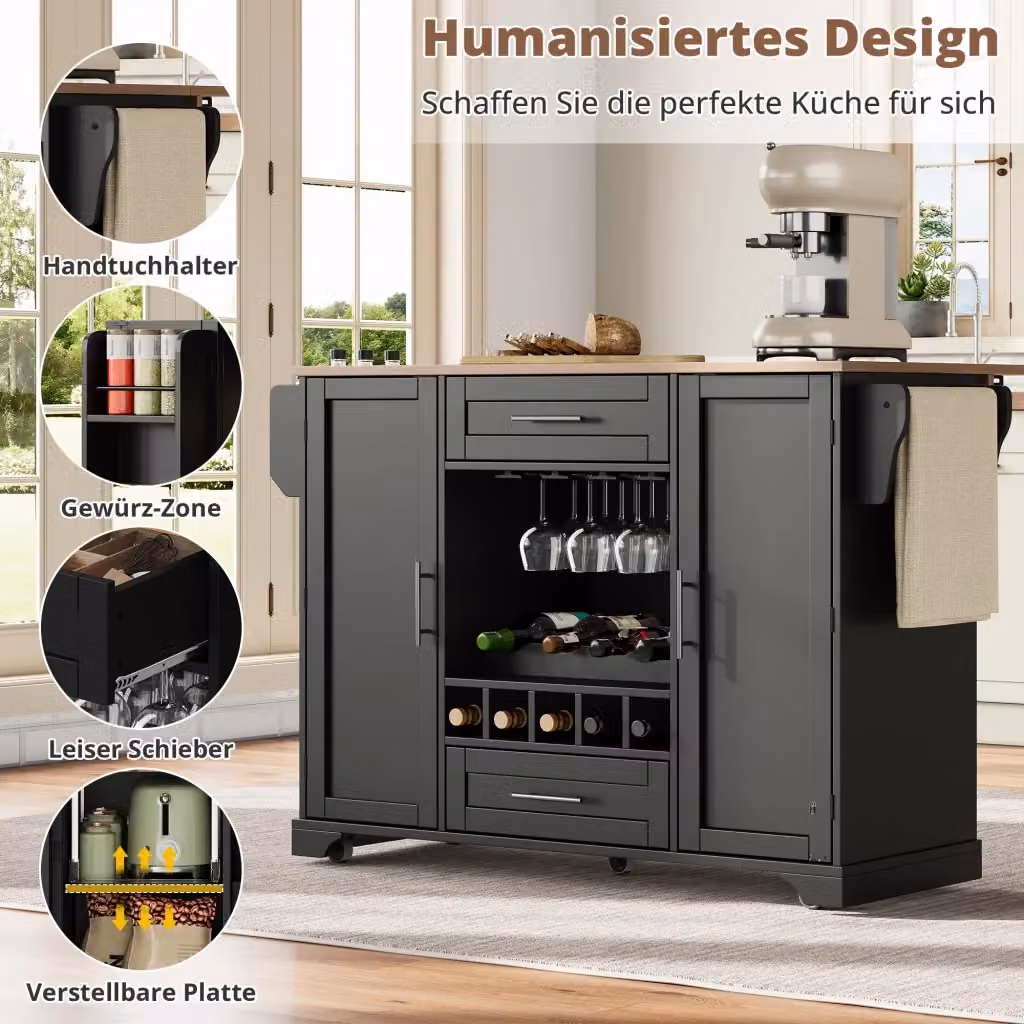Carrello da cucina estraibile e moderno REDOM in MDF nero e naturale, L/P/H: 138 x 45 x 92 cm – 2