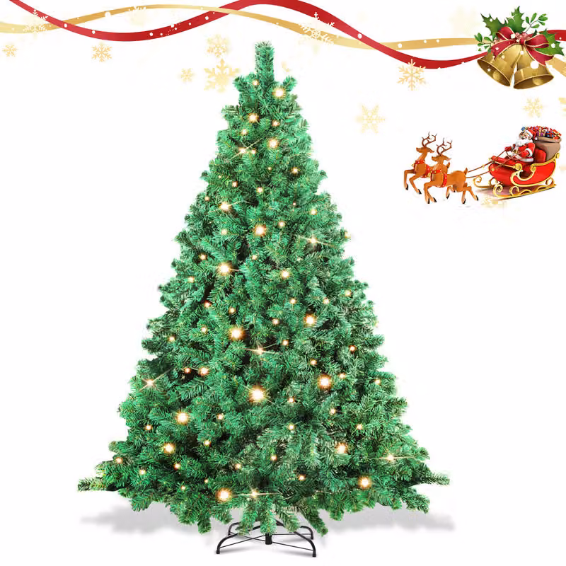Albero di Natale artificiale Ikodm con luci LED, rami automatici e base in metallo, facile da montare, con fitti rami di abete, altezza 210 cm