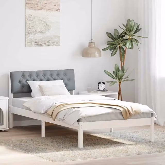 Struttura letto con giroletto e rete DESIGN IN in legno di pino e tessuto, bianco e grigio chiaro, L/P: 100 x 200 cm