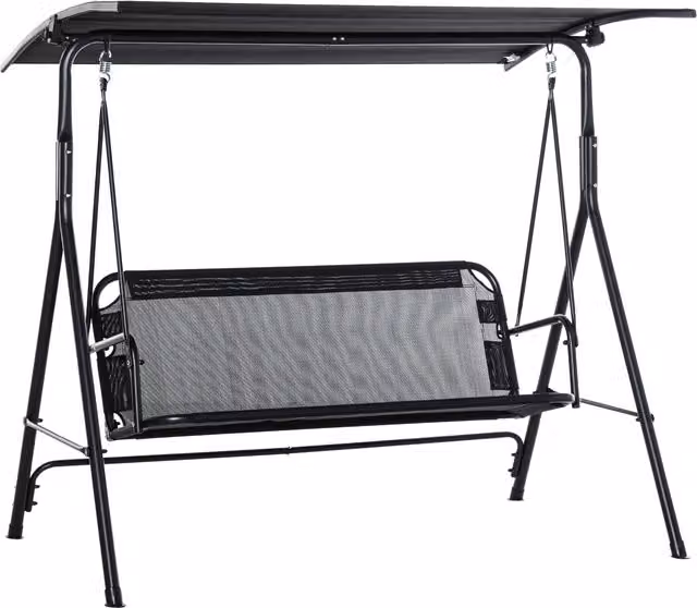 Dondolo da giardino Outsunny per terrazza a 3 posti con tettuccio parasole regolabile in metallo e texteline, Nero, L 172 cm x P 110 cm x H 155 cm – 1