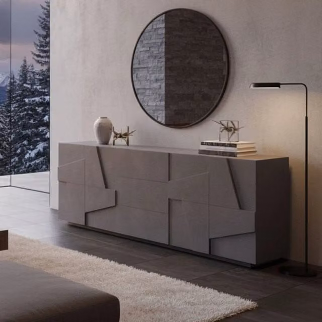 Credenza moderna a 4 ante e 3 Zeus, Made in Italy, Madia da cucina, Buffet di design da soggiorno, cm 224x44h86, colore Grigio Ardesia