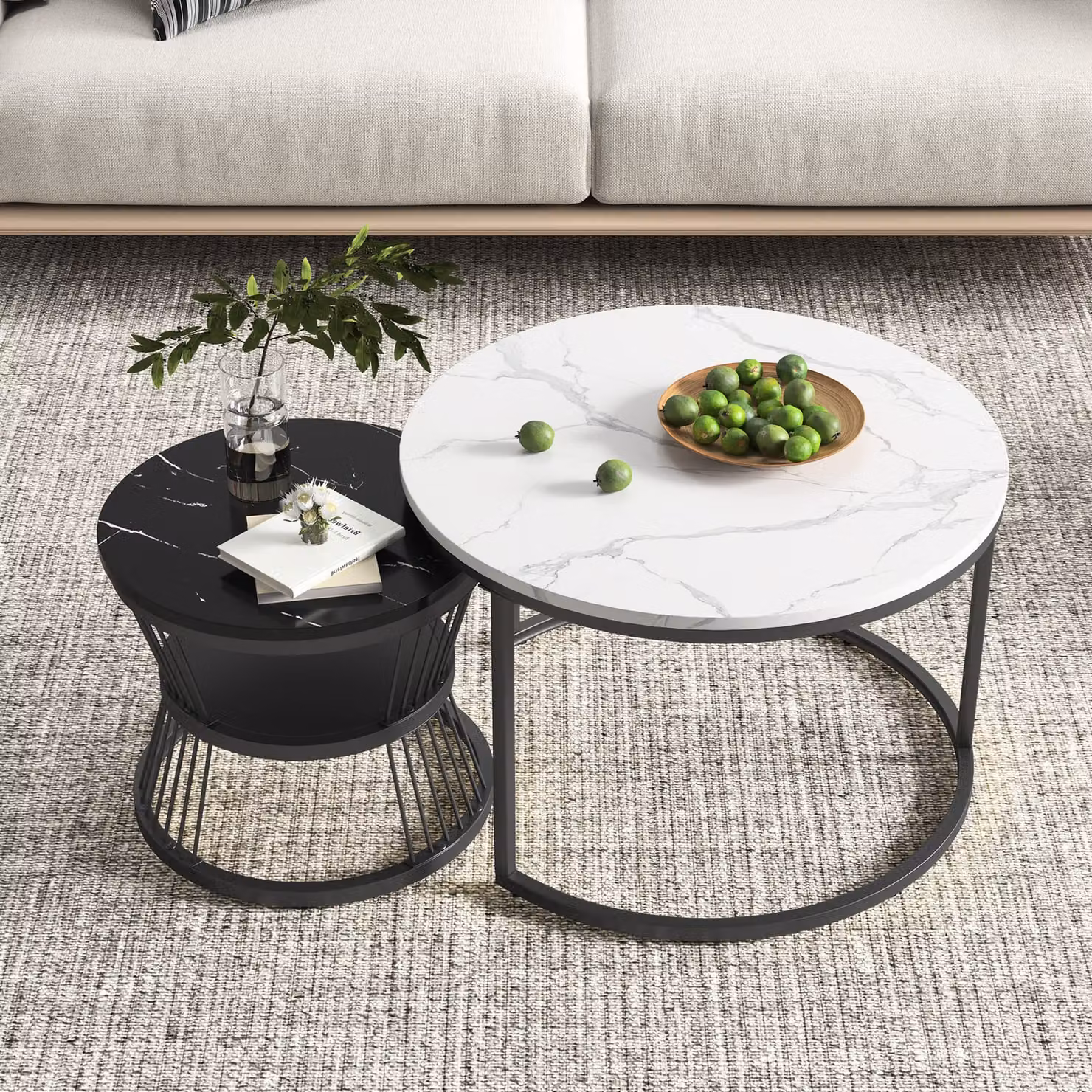Set di 2 tavolini moderni rotondi con struttura in marmo per soggiorni,di rappresentanza, balconi e uffici - Struttura in metallo (bianco e nero, 70 x 70 x 45,5 cm)