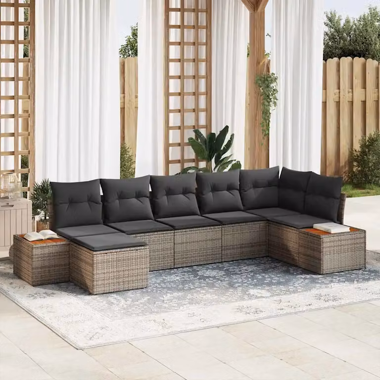 Set Divano da Giardino a L vidaXL in Polyrattan Grigio con 7 Pezzi e Cuscini