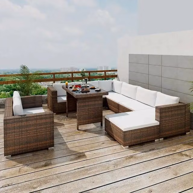 Set di divani da giardino vidaXL in rattan marrone con cuscini bianchi per 10 persone