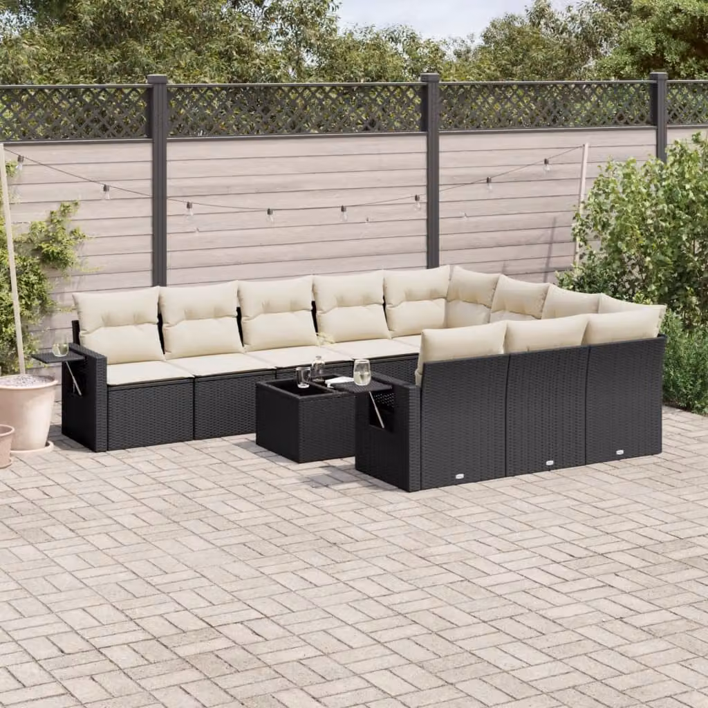 vidaXL Set Divani da Giardino 11 pz in Polyrattan Nero con Cuscini e Tavolino da Esterno a Forma di U – 1