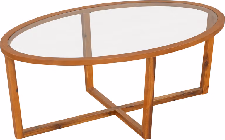 Tavolino in vetro COSTWAY, tavolo da soggiorno moderno ovale con base a croce e gambe in legno d'acacia, tavolo d'accento minimalista marrone