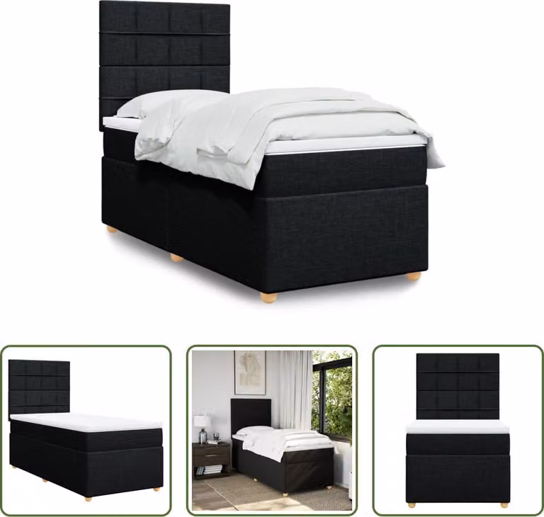 The Living Store Letto a molle con materasso nero 90x190 cm in tessuto