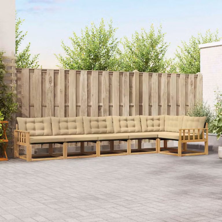 Set di divani da esterno vidaXL 6 pz a forma di L in legno di acacia con cuscini bianchi e beige