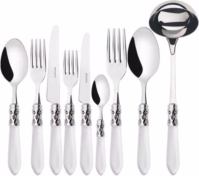 Set di posate ALADDIN da 75 pezzi in acciaio inossidabile con ghiera cromata e scatola in legno Wengè, colore argento e trasparente