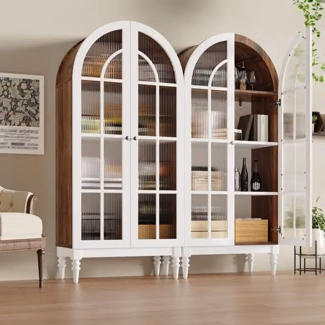 Set di 2 Vetrine con Ante in Vetro Riffelato ¨C Minimal ¨C Effetto Noce + Bianco, 3 Ripiani, 165cm