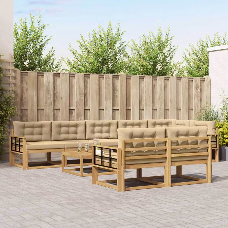 Set di divani da esterno vidaXL a forma di U in legno di acacia con cuscini, bianco, beige e marrone