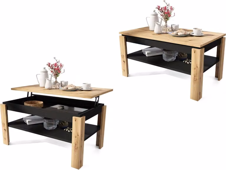 Tavolino all'americana Asti, modello P, tavolino da soggiorno, tavolino da caffè, tavolino con spazio contenitivo, tavolino per divano con ripiano, regolabile in altezza, 100x60 cm, finitura Artisan Eche + nero