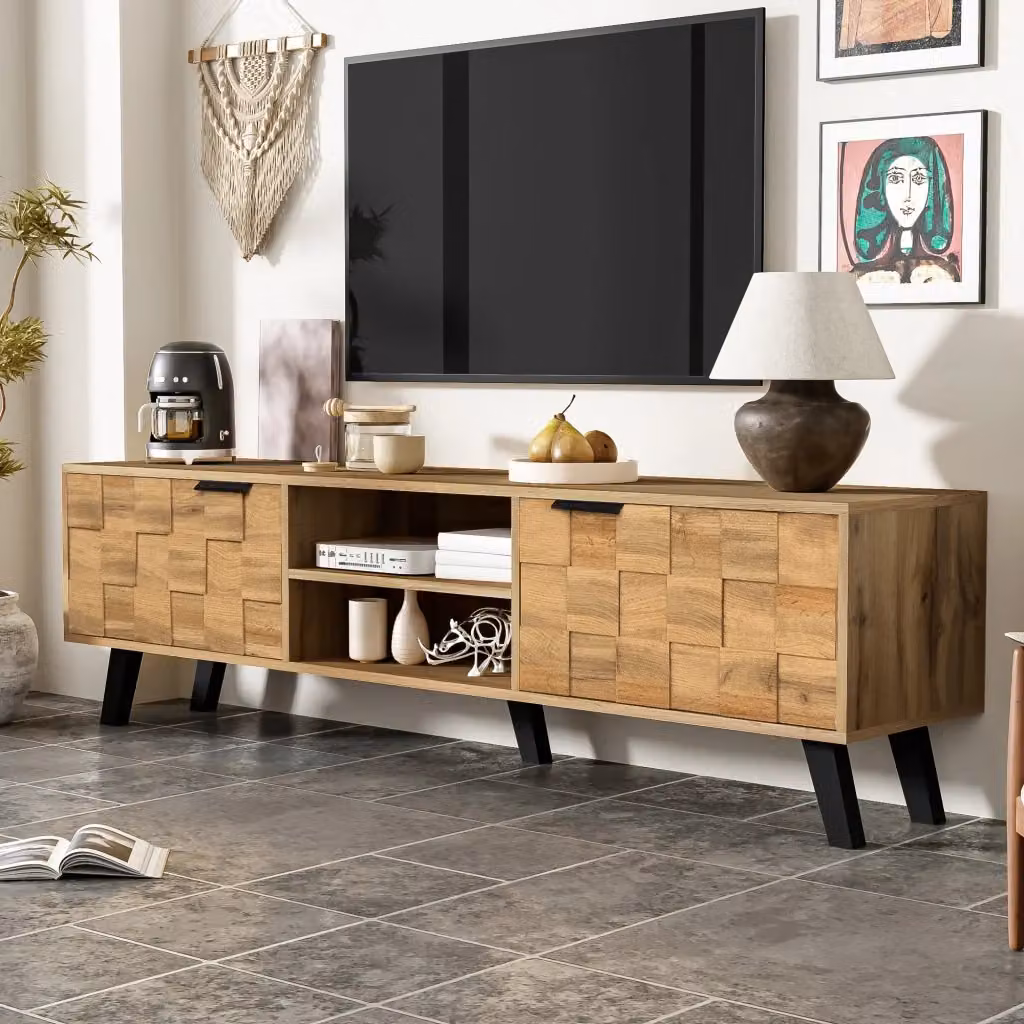 Mobile TV Minimal con 2 Ante e 2 Ripiani Aperti, Colore Marrone Legno, L/P/H: 160.5 x 35.5 x 45 cm – 2