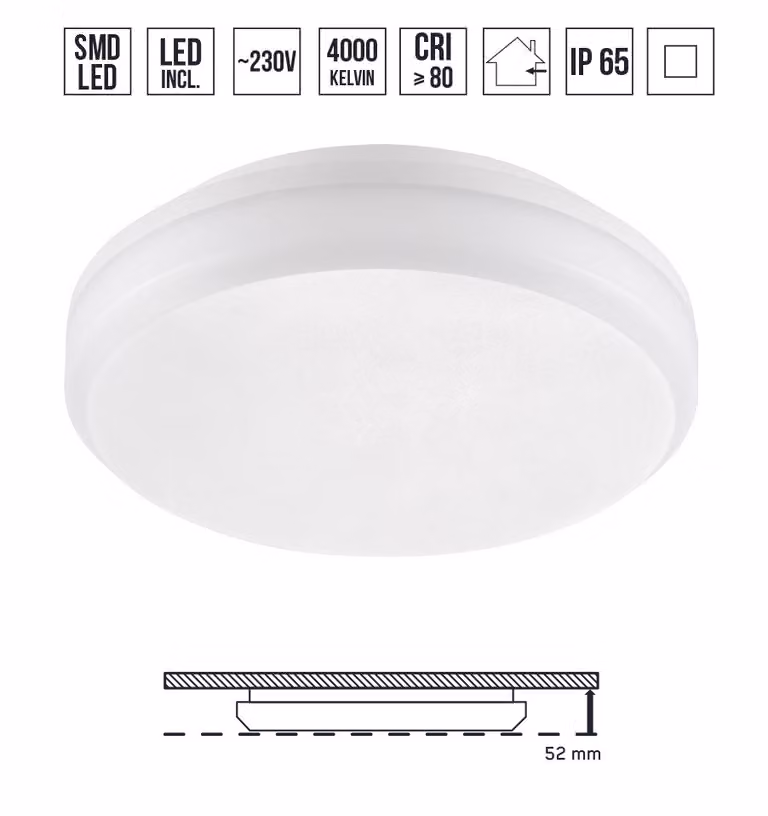 Plafoniera LED TVER 20W,4000K,IP65, bianco Ø200, W: 52