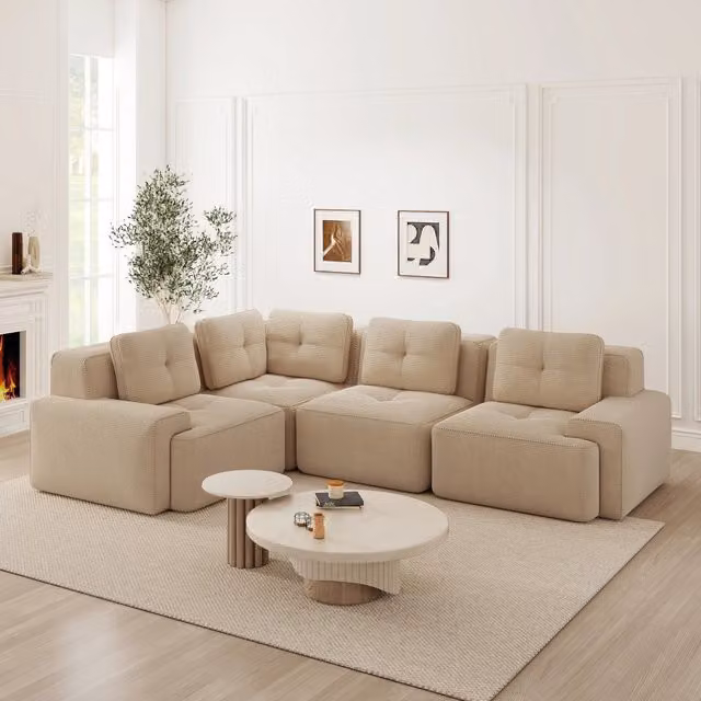 Divano angolare modulare senza montaggio in velluto a coste beige