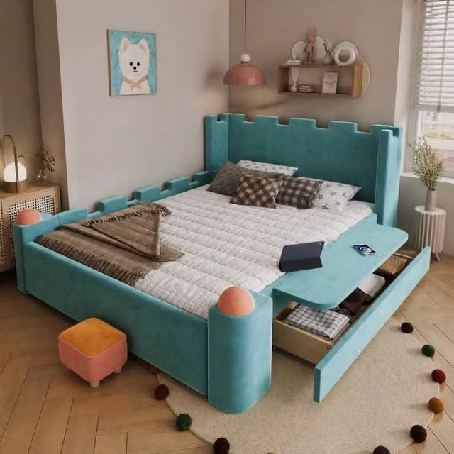 Letto imbottito per bambini stile castello con mensola pieghevole e cassetto; 140x200 cm; blu-verde