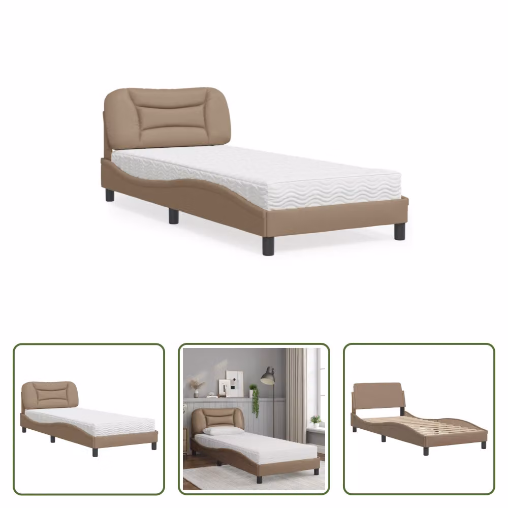 The Living Store Letto con materasso cappuccino-marrone 90x190 cm in ecopelle