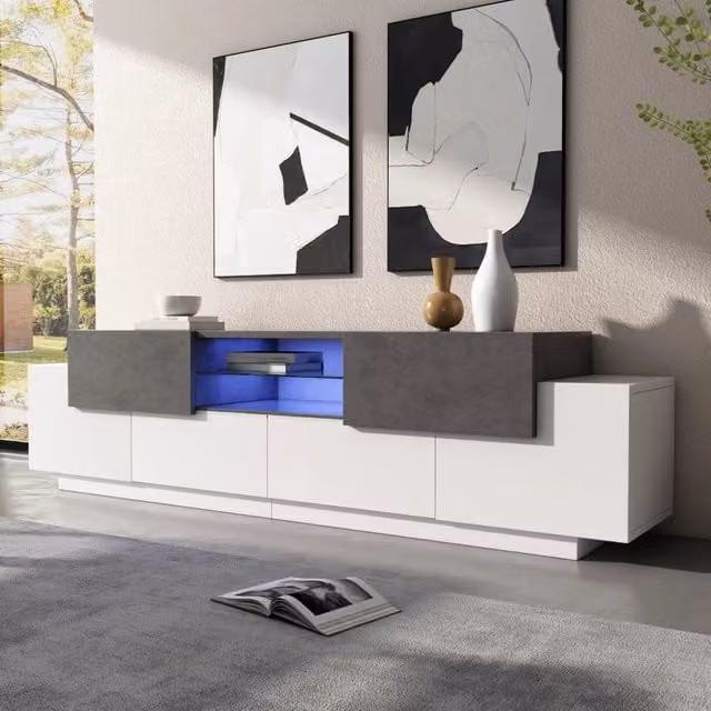 Mobile TV moderno WISHDOR con illuminazione RGB, ripiani in vetro e finitura opaca, colore bianco e grigio, L: 180 cm, P: 40 cm, H: 45 cm