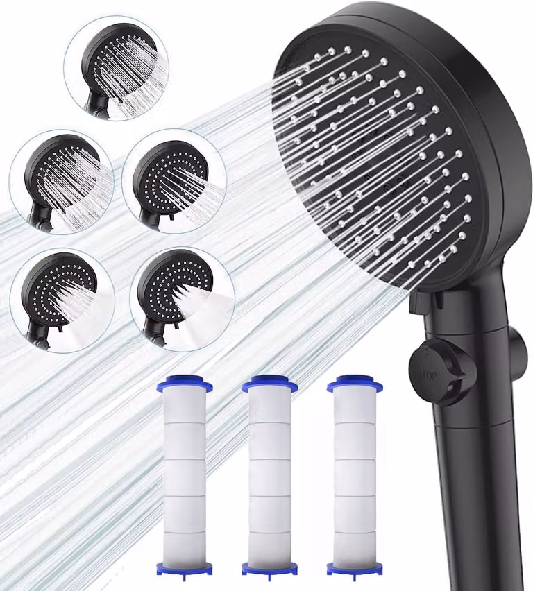 Rubinetto doccia anticalcare con filtro - Doccetta con tecnologia a risparmio idrico e alta pressione, 5 diverse modalità di erogazione - Doccetta manuale con pulsante di arresto