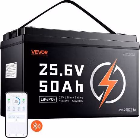 Batteria al Litio LiFePO4 VEVOR 24V 50Ah 1280Wh con Bluetooth e BMS 50A, Colore Nero