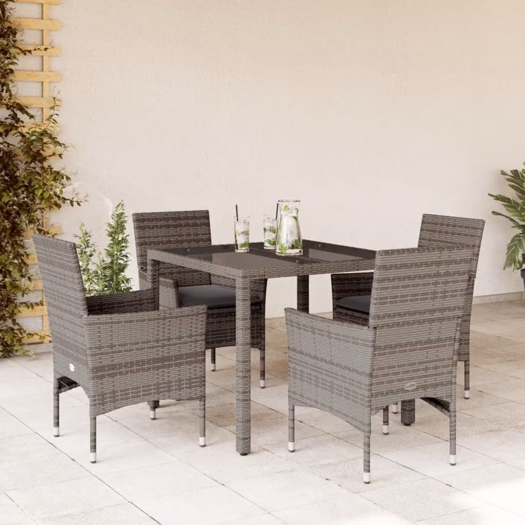 Set da pranzo da giardino vidaXL in polyrattan grigio con tavolo in vetro e 5 pezzi con cuscini – 1