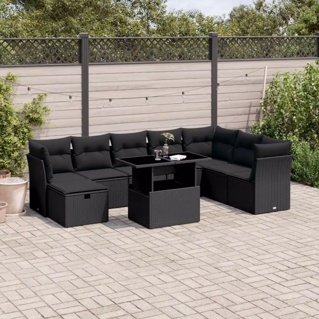 Maison Exclusive - Set da giardino 9 pezzi con cuscini in polyrattan nero