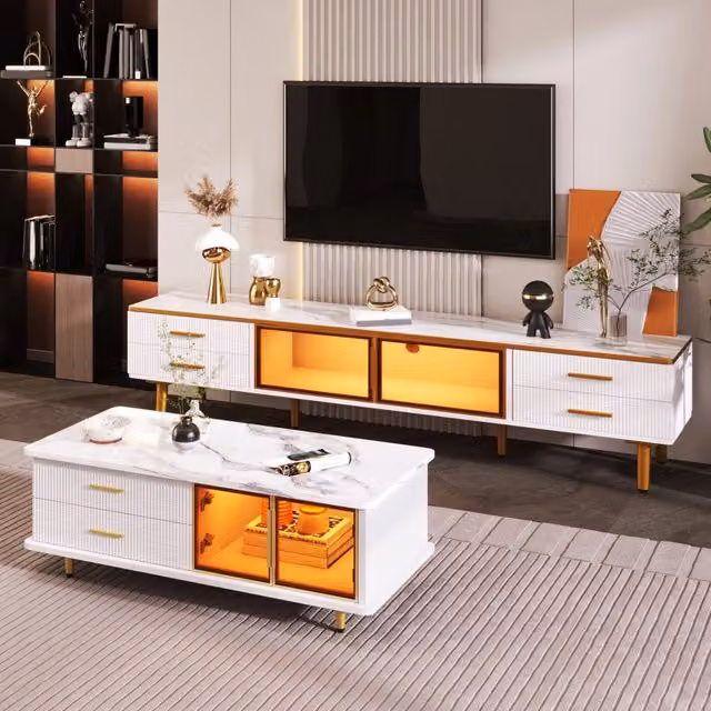 Set Mobile TV REDOM composto da 2 unità con tavolino bianco effetto marmo, vetro temperato, dettagli oro e illuminazione LED integrata L: 170 cm, P: 47,5 cm, H: 37 cm