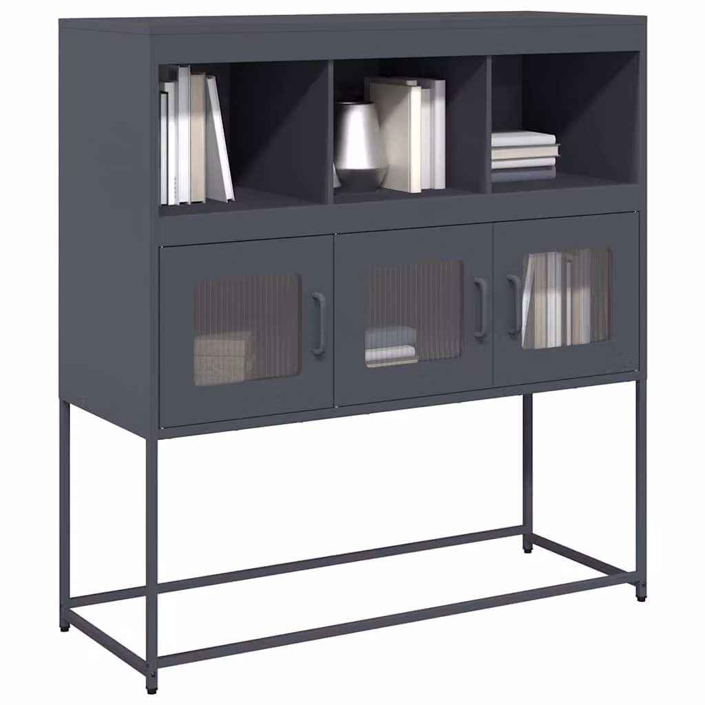 Credenza moderna vidaXL in metallo antracite con ante in vetro e ripiani interni L: 100,5 cm, P: 39 cm, H: 107 cm