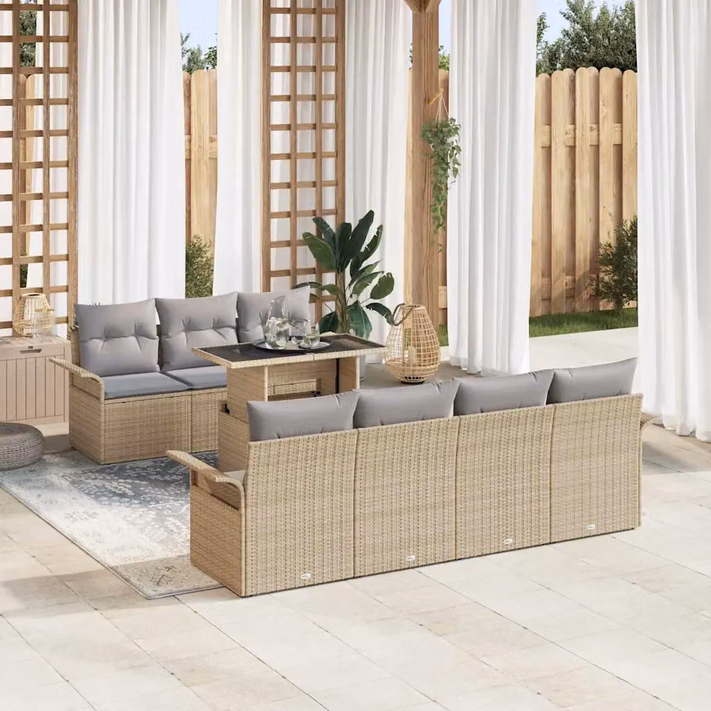 Set Divano da Giardino a L con Tavolino vidaXL, 8 Pezzi, Beige, in Polyrattan con Cuscini e Struttura in Acciaio Verniciato a Polvere – 1