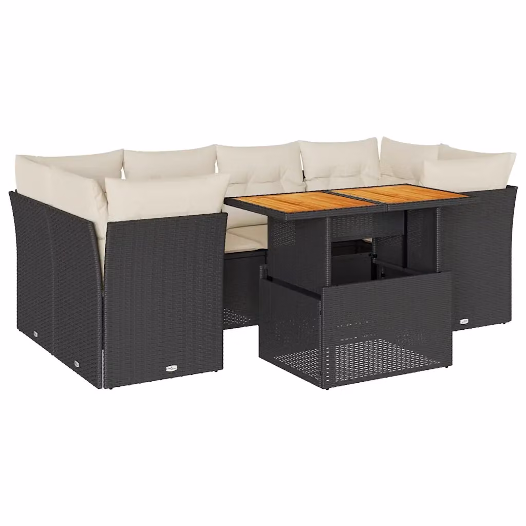 Set di divani da giardino vidaXL in rattan e legno di acacia oliato con 7 cuscini, nero e bianco – 2