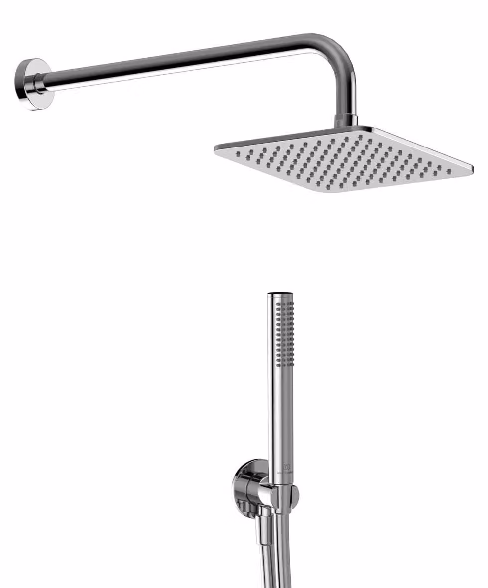 Set da doccia composto da 5 elementi: braccio di supporto da 40 cm, soffione da 20 cm, doccetta manuale, tutti in cromo