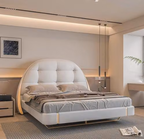 Weißes Polsterbett Designer Edelstahlbett Schlafzimmer Doppelbett