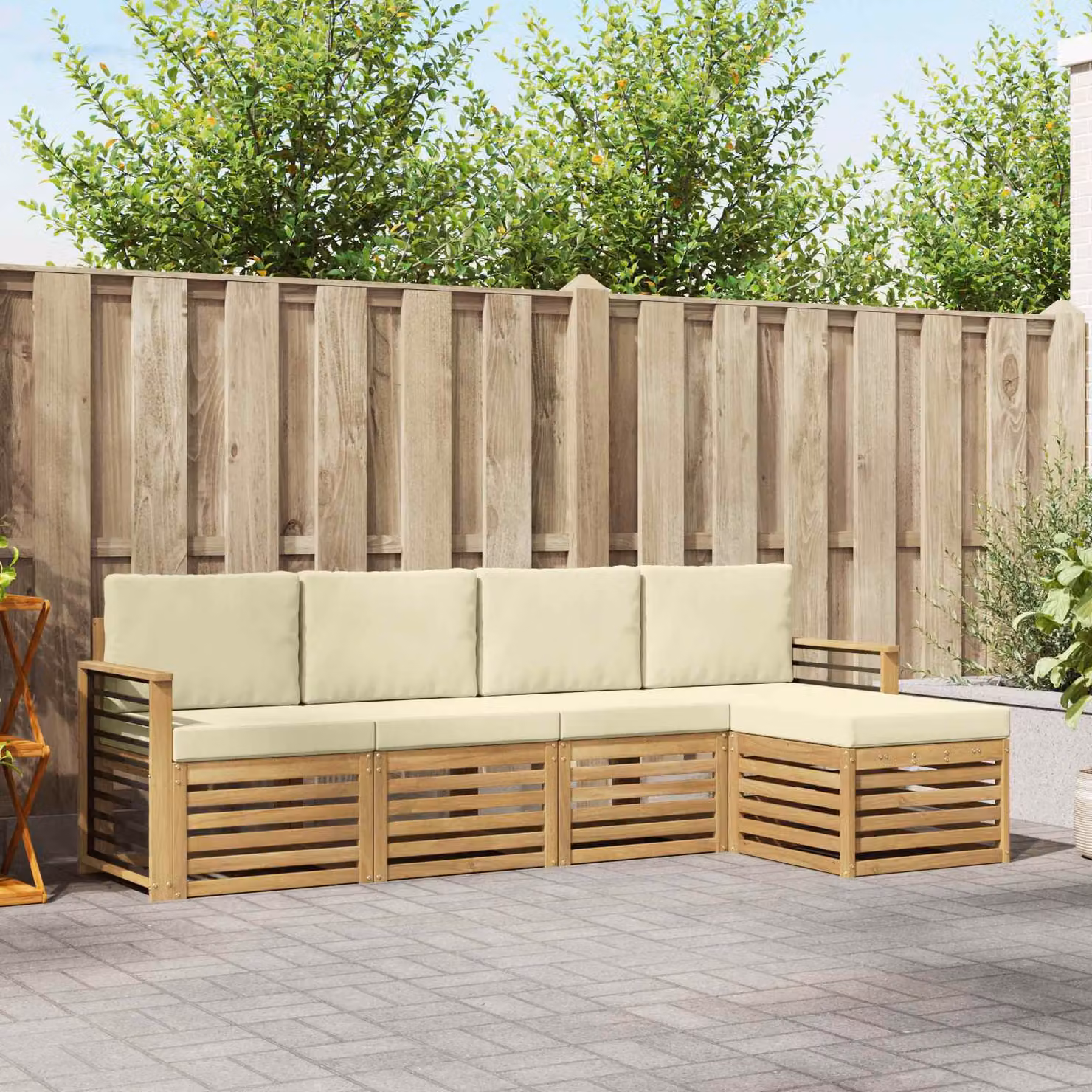 Set di divani da esterno vidaXL a forma di L con pouf, colore bianco e beige, in legno di acacia e tessuto impermeabile