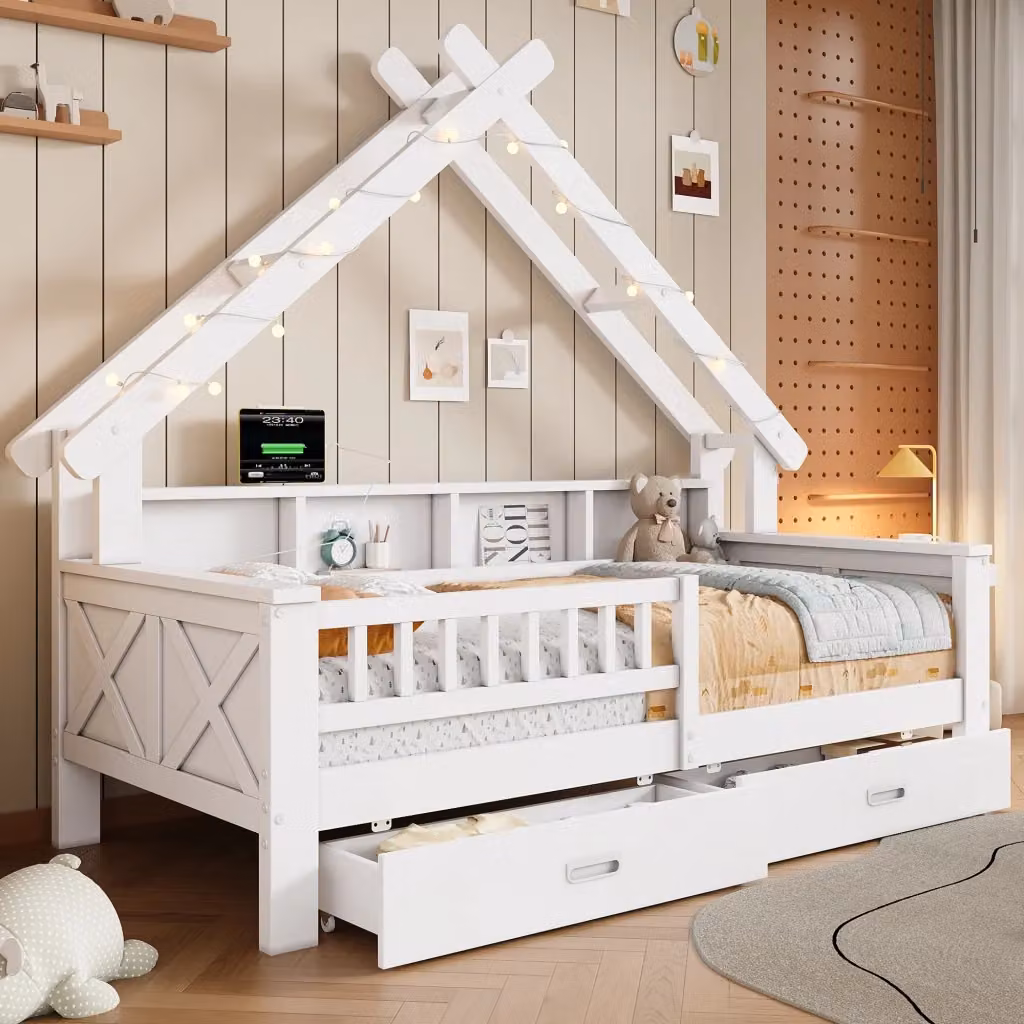 Letto a cabina singolo Chicfurn in legno bianco con LED, ripiani, 2 cassetti e barriera, L/P/H: 205 x 90 x 97 cm – 2