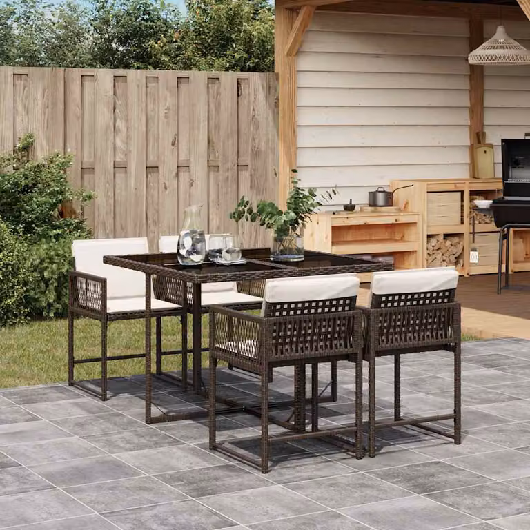vidaXL Set da Pranzo da Giardino 5pz in Polyrattan con Piano in Vetro e Cuscini Marrone