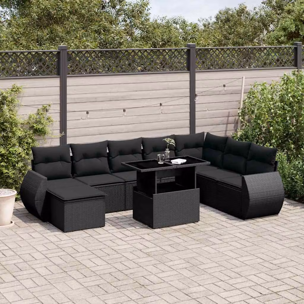 vidaXL Set Divani da Giardino 9 pz Moderno in Polyrattan Nero con Cuscini e Tavolino da Esterno – 1