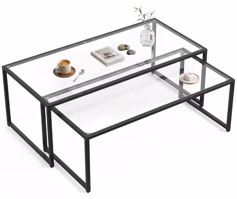 Set di due tavolini da caffè - Tavolini impilabili - Forma rettangolare - Piano in vetro - Struttura in metallo - Colore nero
