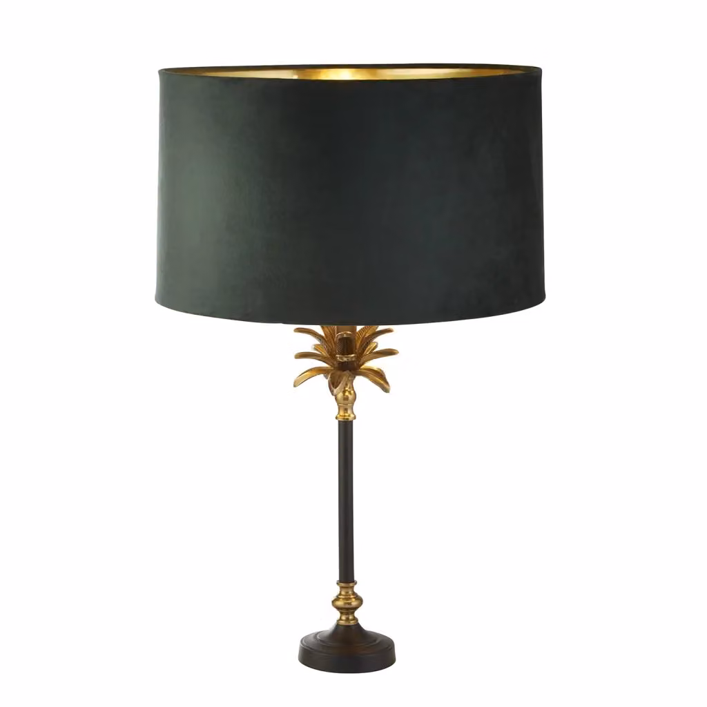 Lampada da Scrivania Contemporanea Palma Searchlight in Ottone e Velluto Verde con Paralume Cilindrico Nero e Attacco E27 – 2