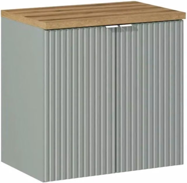 Set da bagno ELVINA 60cm: mobiletto sottolavabo con armadietti verde salvia grigio + piano per lavabo effetto legno scuro