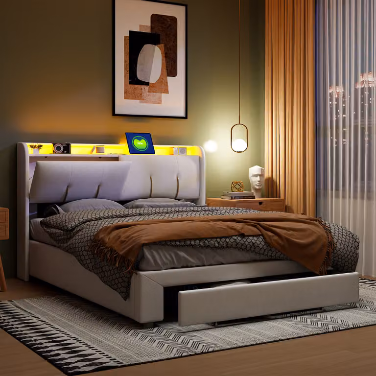 CDGlobal letto imbottito 160x200cm con cassetto, letto contenitore per giovani con led, letto a molle idrauliche con testata, letto matrimoniale in velluto, beige