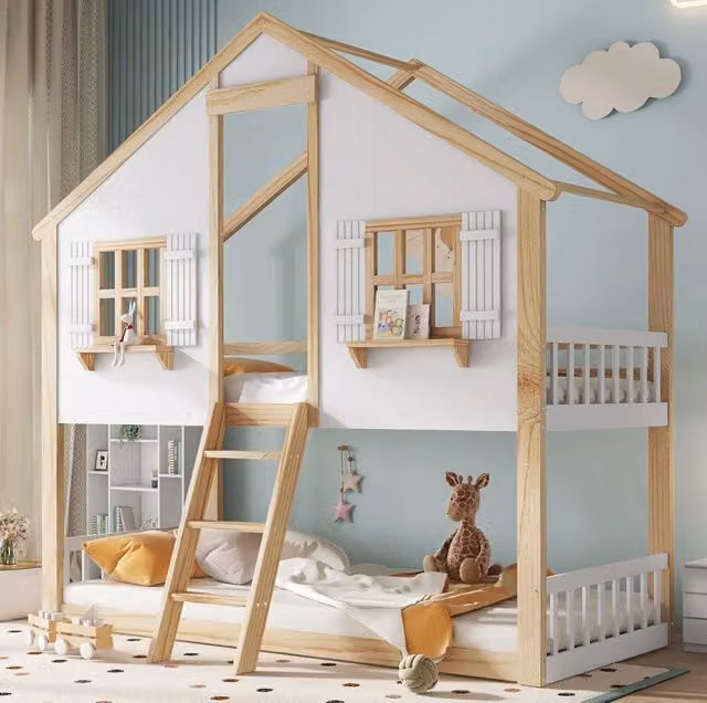 Letto a castello per bambini con finestra e tetto; scala inclinata a 3 livelli; 90x200 cm; bianco/naturale