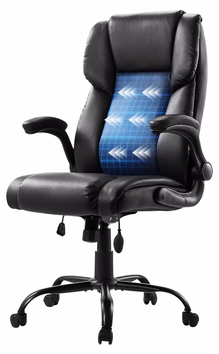 Sedia da ufficio, ergonomica, in ecopelle, con braccioli pieghevoli, supporto lombare, colore nero