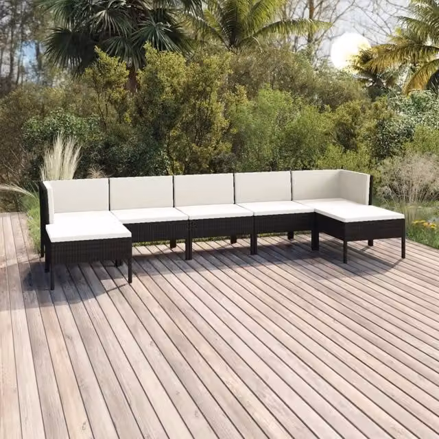 Set da giardino moderno vidaXL composto da 7 pezzi con cuscini bianchi e struttura in metallo nero e rattan – 1